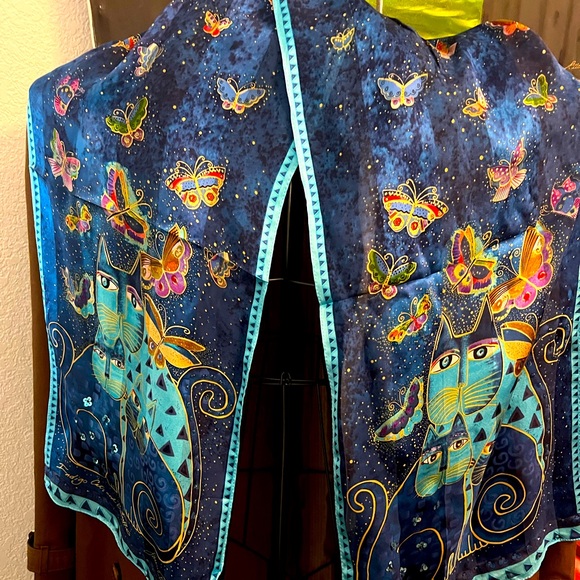 Laurel Burch Accessories - *Sold* Laurel Burch Indigo Cats and Butterflies 100% Silk Oblong Scarf 53 X 11!